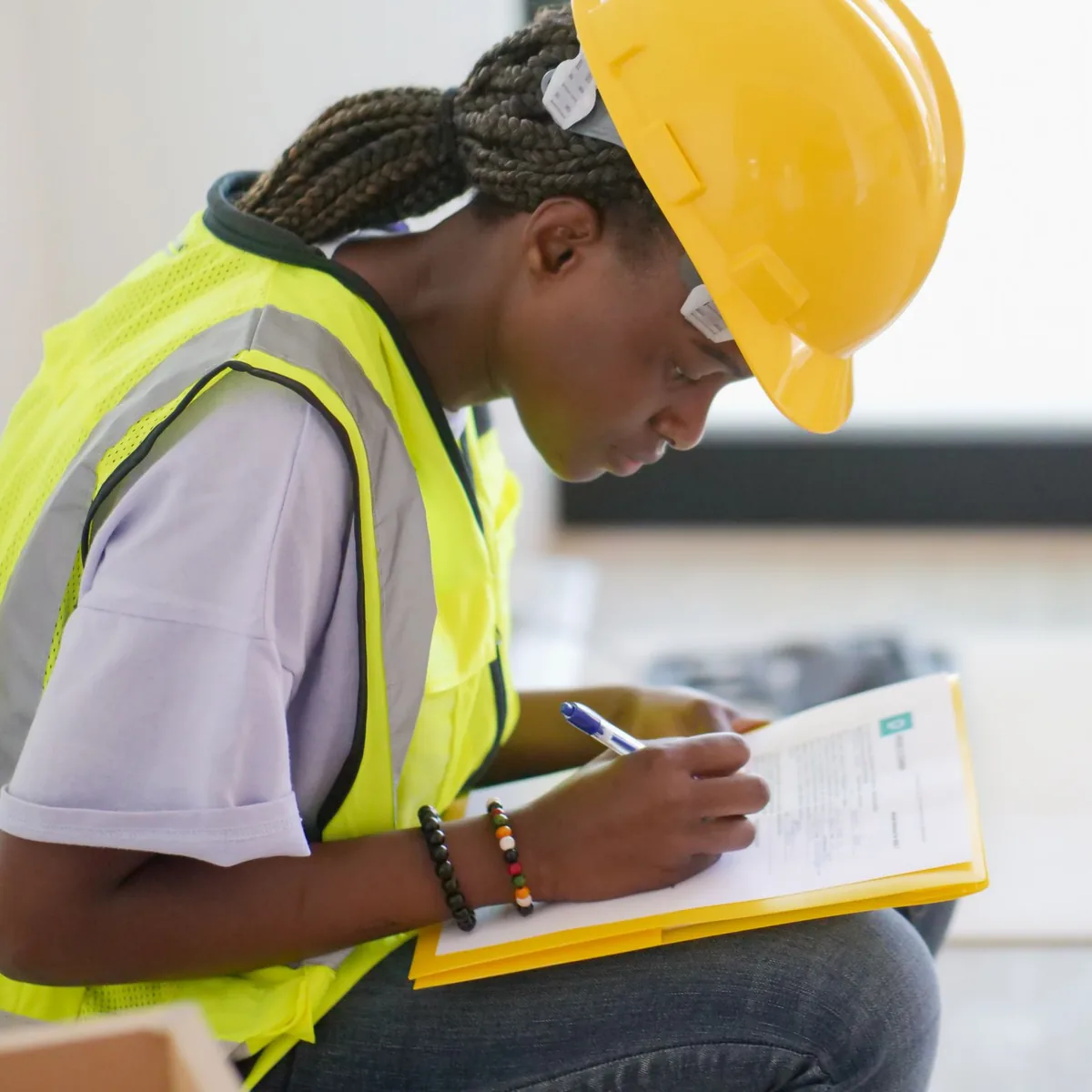 Safety officer in hi-vis and a hard hat writing up an incident report