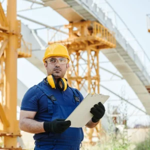 Health and safety representative in a hard hat doing a site inspection with a checklist