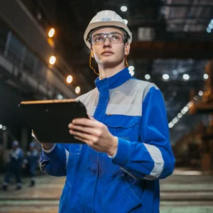 Worker in PPE assessing a factory work area with a tablet
