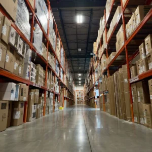 Neatly stacked warehouse racking with a clear aisle